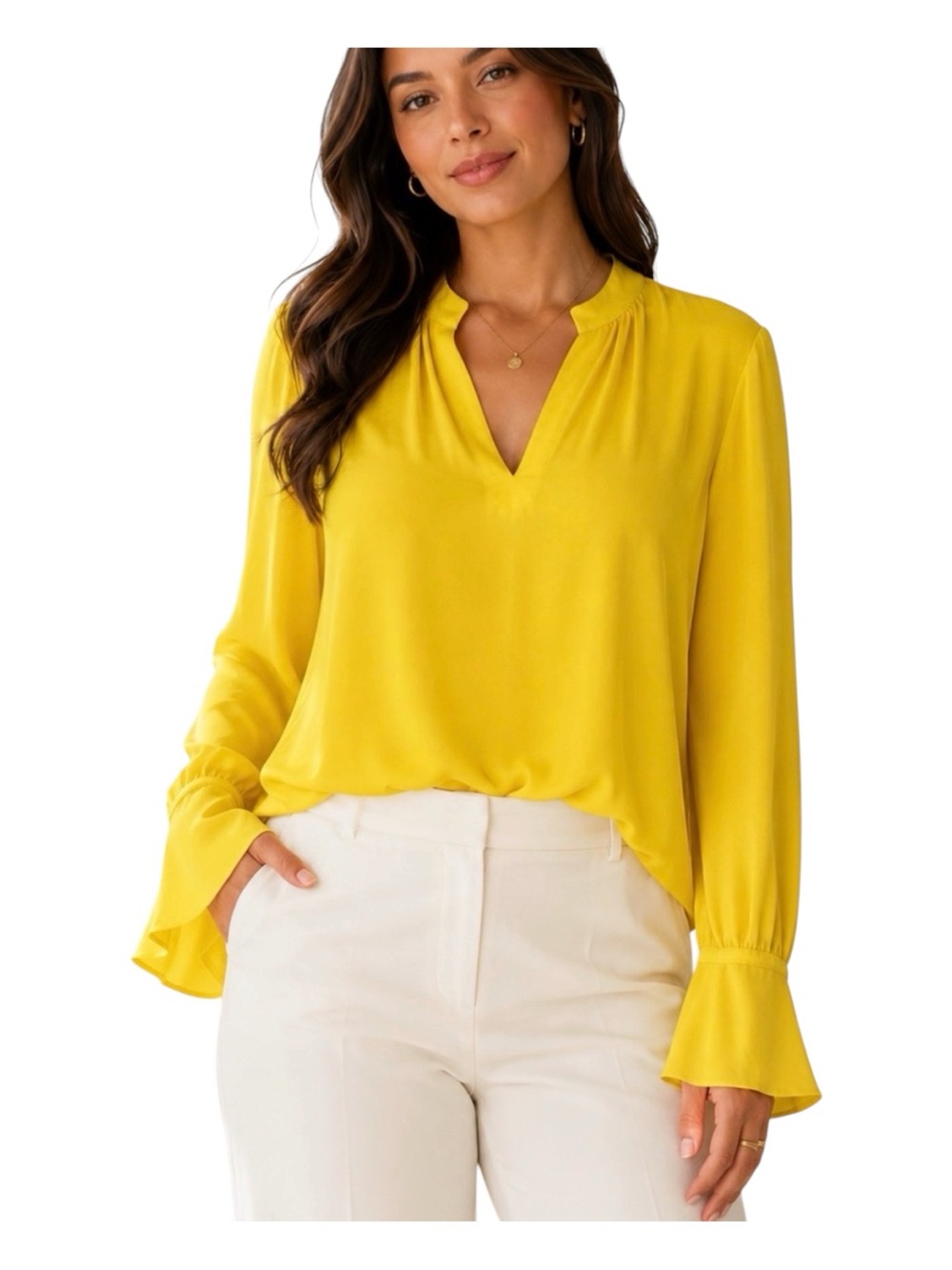 NWT Ann Taylor Yellow V-Neck Flared Cuff Blouse Sz M